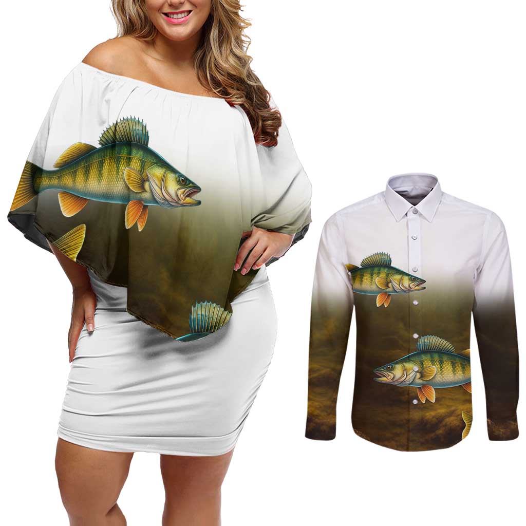Walleye Fishing Yellow Scales Customize Name Couples Matching Off Shoulder Short Dress and Long Sleeve Button Shirt Dark Gradient Water Background - Wonder Print Shop