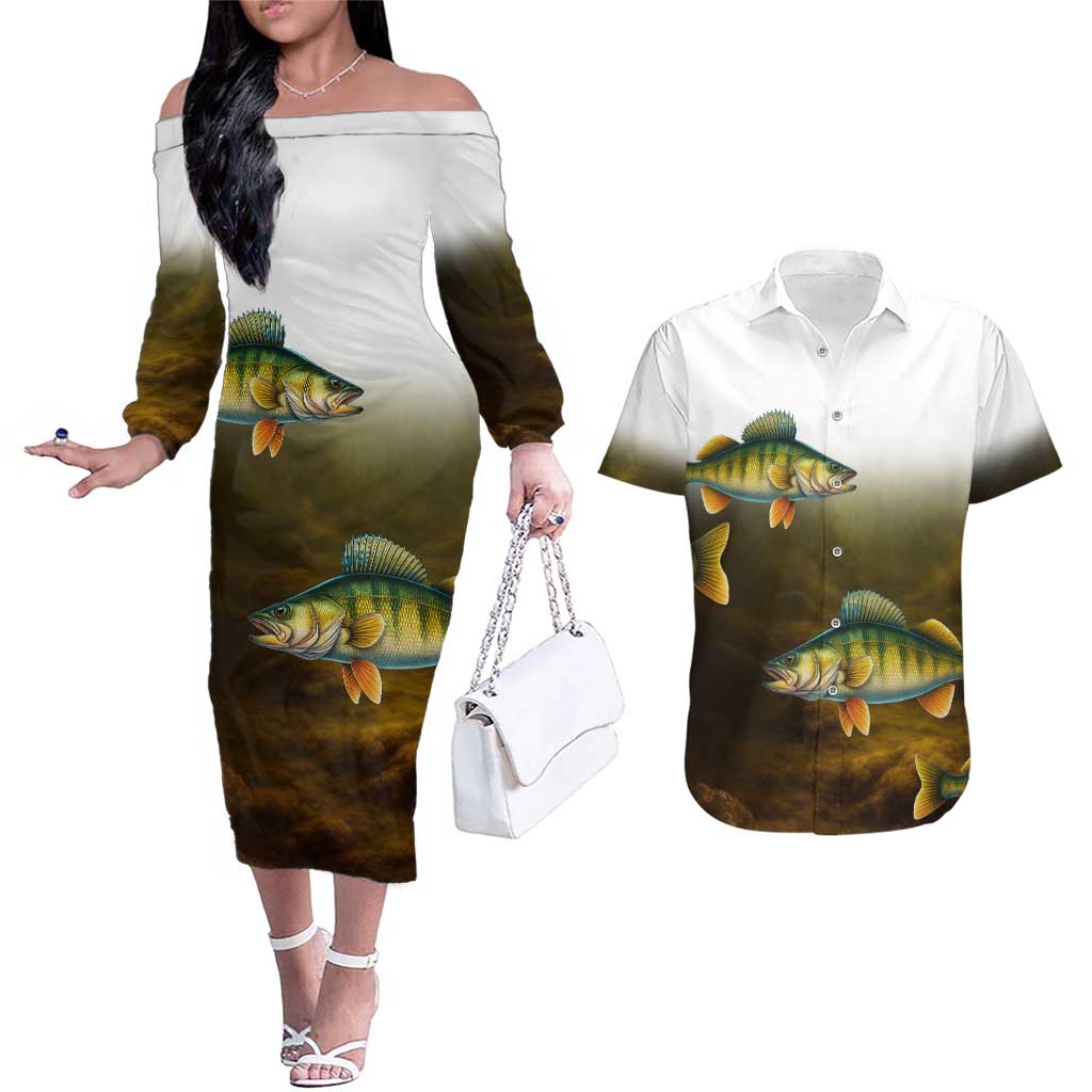 Walleye Fishing Yellow Scales Customize Name Couples Matching Off The Shoulder Long Sleeve Dress and Hawaiian Shirt Dark Gradient Water Background - Wonder Print Shop