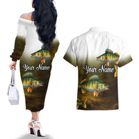 Walleye Fishing Yellow Scales Customize Name Couples Matching Off The Shoulder Long Sleeve Dress and Hawaiian Shirt Dark Gradient Water Background - Wonder Print Shop