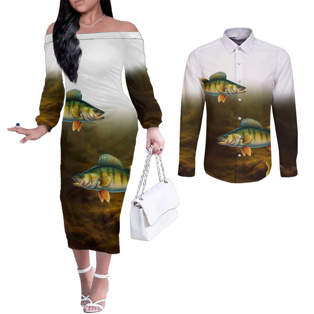 Walleye Fishing Yellow Scales Customize Name Couples Matching Off The Shoulder Long Sleeve Dress and Long Sleeve Button Shirt Dark Gradient Water Background - Wonder Print Shop
