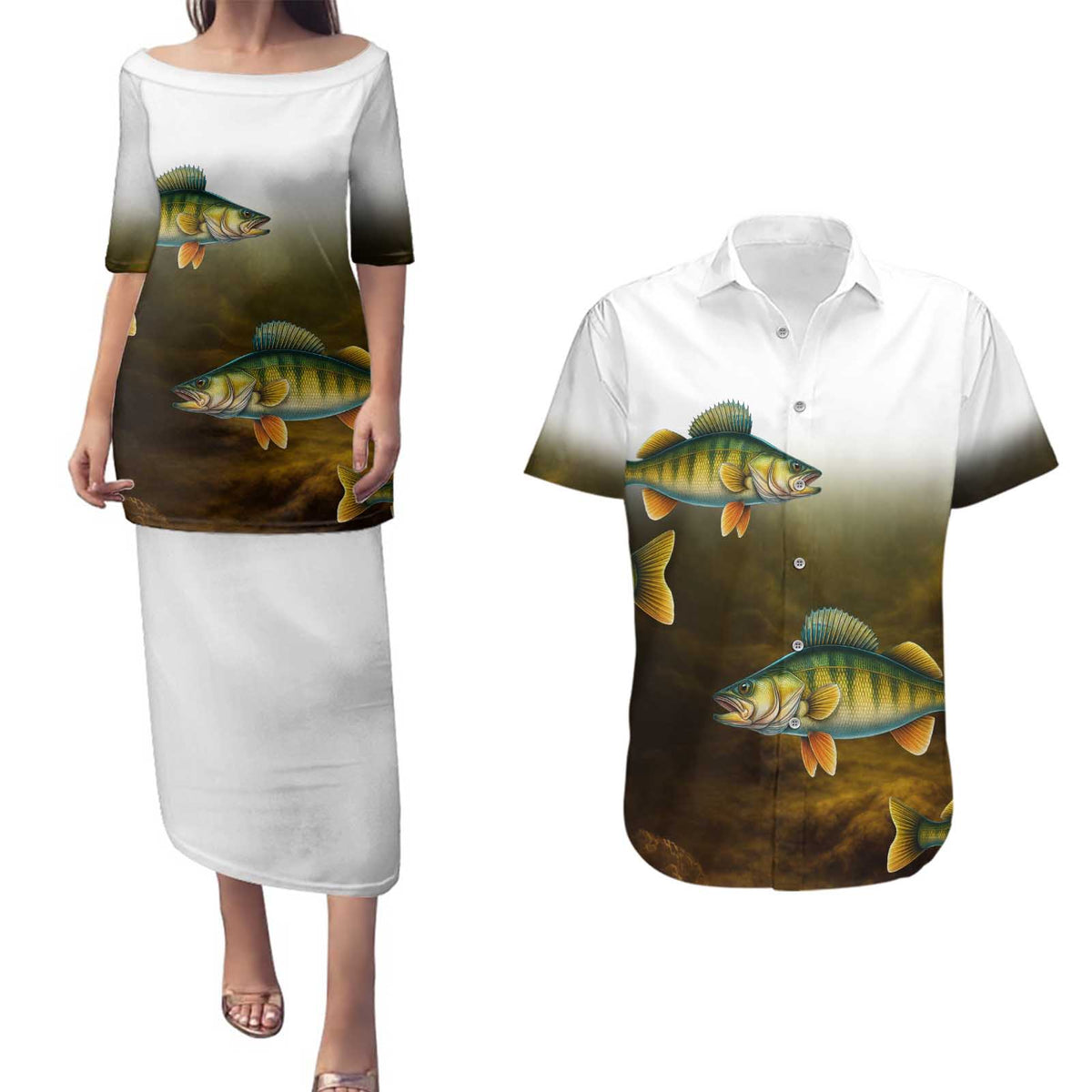Walleye Fishing Yellow Scales Customize Name Couples Matching Puletasi and Hawaiian Shirt Dark Gradient Water Background - Wonder Print Shop