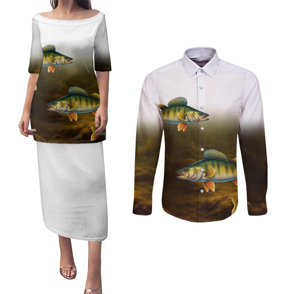 Walleye Fishing Yellow Scales Customize Name Couples Matching Puletasi and Long Sleeve Button Shirt Dark Gradient Water Background - Wonder Print Shop