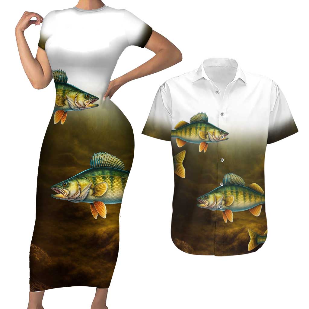 Walleye Fishing Yellow Scales Customize Name Couples Matching Short Sleeve Bodycon Dress and Hawaiian Shirt Dark Gradient Water Background - Wonder Print Shop