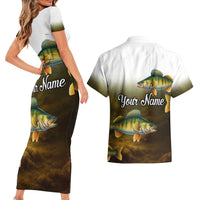 Walleye Fishing Yellow Scales Customize Name Couples Matching Short Sleeve Bodycon Dress and Hawaiian Shirt Dark Gradient Water Background - Wonder Print Shop