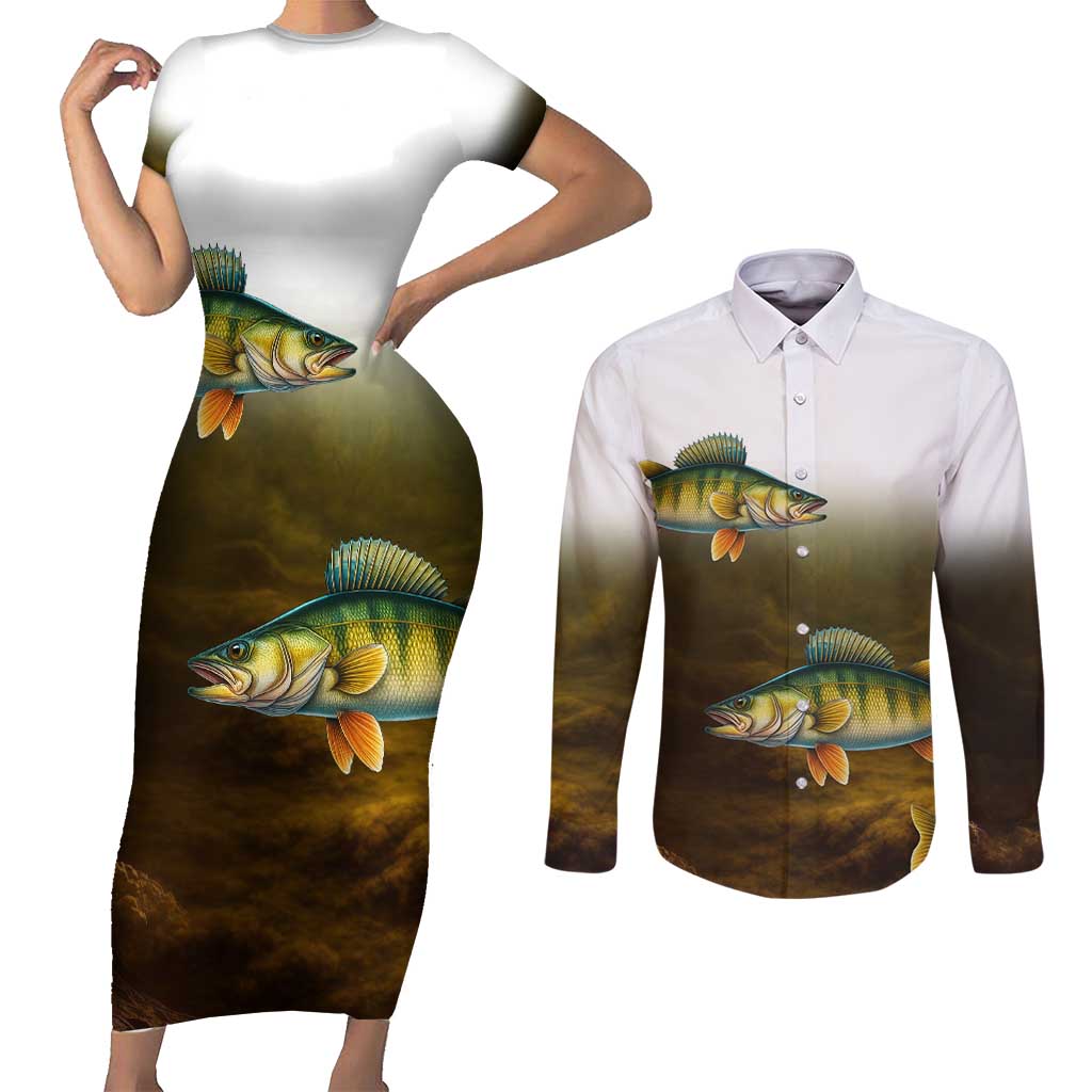 Walleye Fishing Yellow Scales Customize Name Couples Matching Short Sleeve Bodycon Dress and Long Sleeve Button Shirt Dark Gradient Water Background - Wonder Print Shop