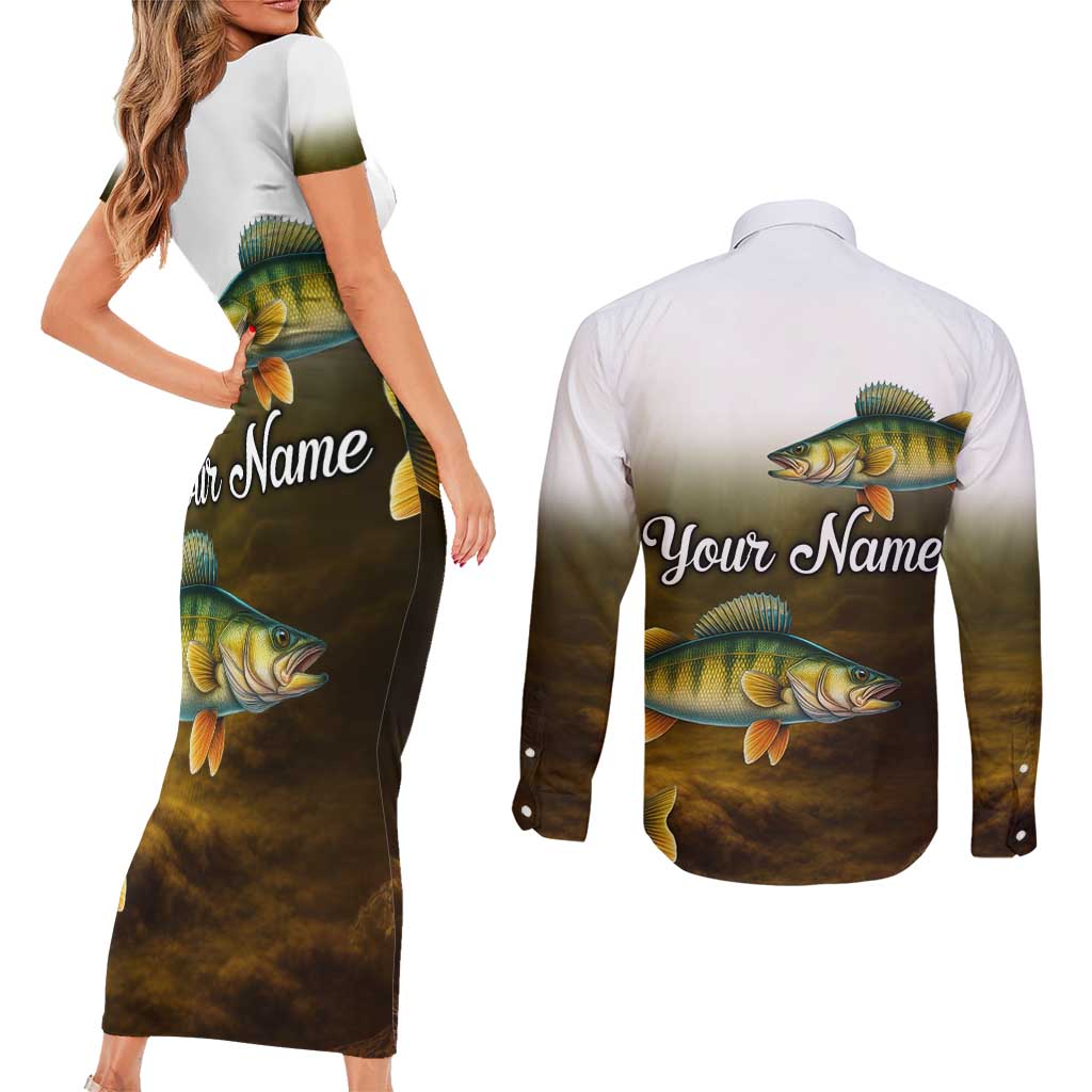 Walleye Fishing Yellow Scales Customize Name Couples Matching Short Sleeve Bodycon Dress and Long Sleeve Button Shirt Dark Gradient Water Background - Wonder Print Shop
