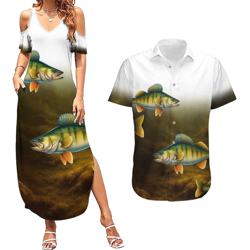 Walleye Fishing Yellow Scales Customize Name Couples Matching Summer Maxi Dress and Hawaiian Shirt Dark Gradient Water Background - Wonder Print Shop