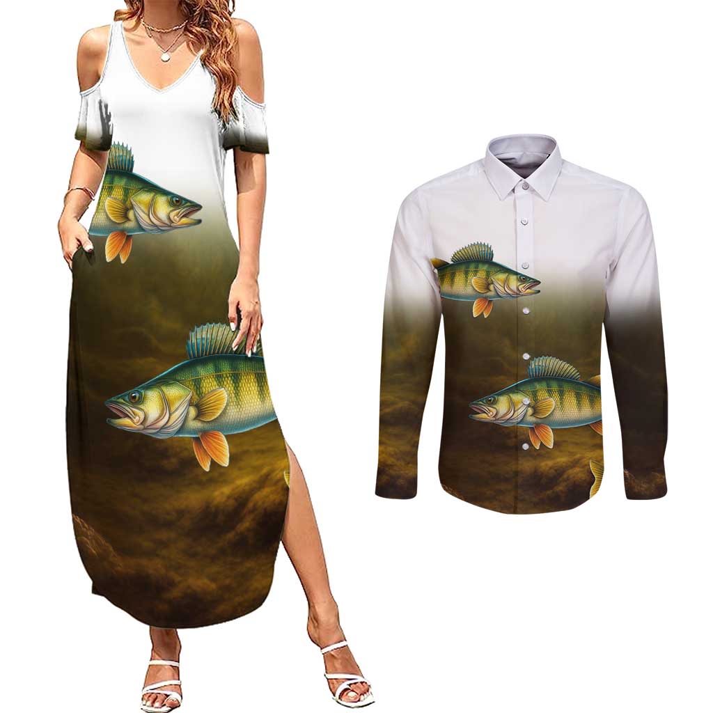 Walleye Fishing Yellow Scales Customize Name Couples Matching Summer Maxi Dress and Long Sleeve Button Shirt Dark Gradient Water Background - Wonder Print Shop