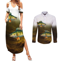 Walleye Fishing Yellow Scales Customize Name Couples Matching Summer Maxi Dress and Long Sleeve Button Shirt Dark Gradient Water Background - Wonder Print Shop