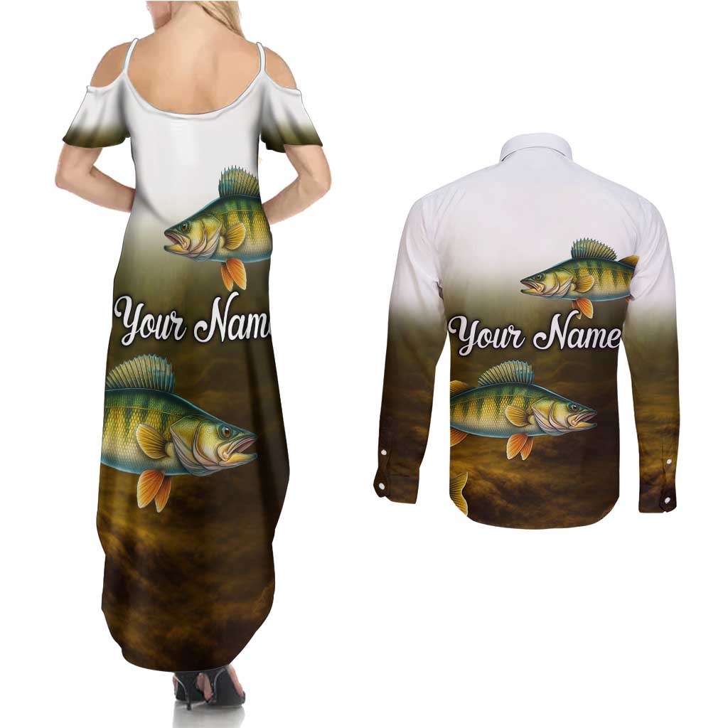 Walleye Fishing Yellow Scales Customize Name Couples Matching Summer Maxi Dress and Long Sleeve Button Shirt Dark Gradient Water Background - Wonder Print Shop