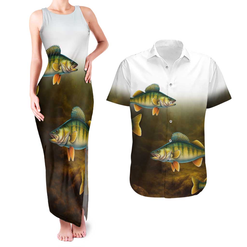 Walleye Fishing Yellow Scales Customize Name Couples Matching Tank Maxi Dress and Hawaiian Shirt Dark Gradient Water Background - Wonder Print Shop