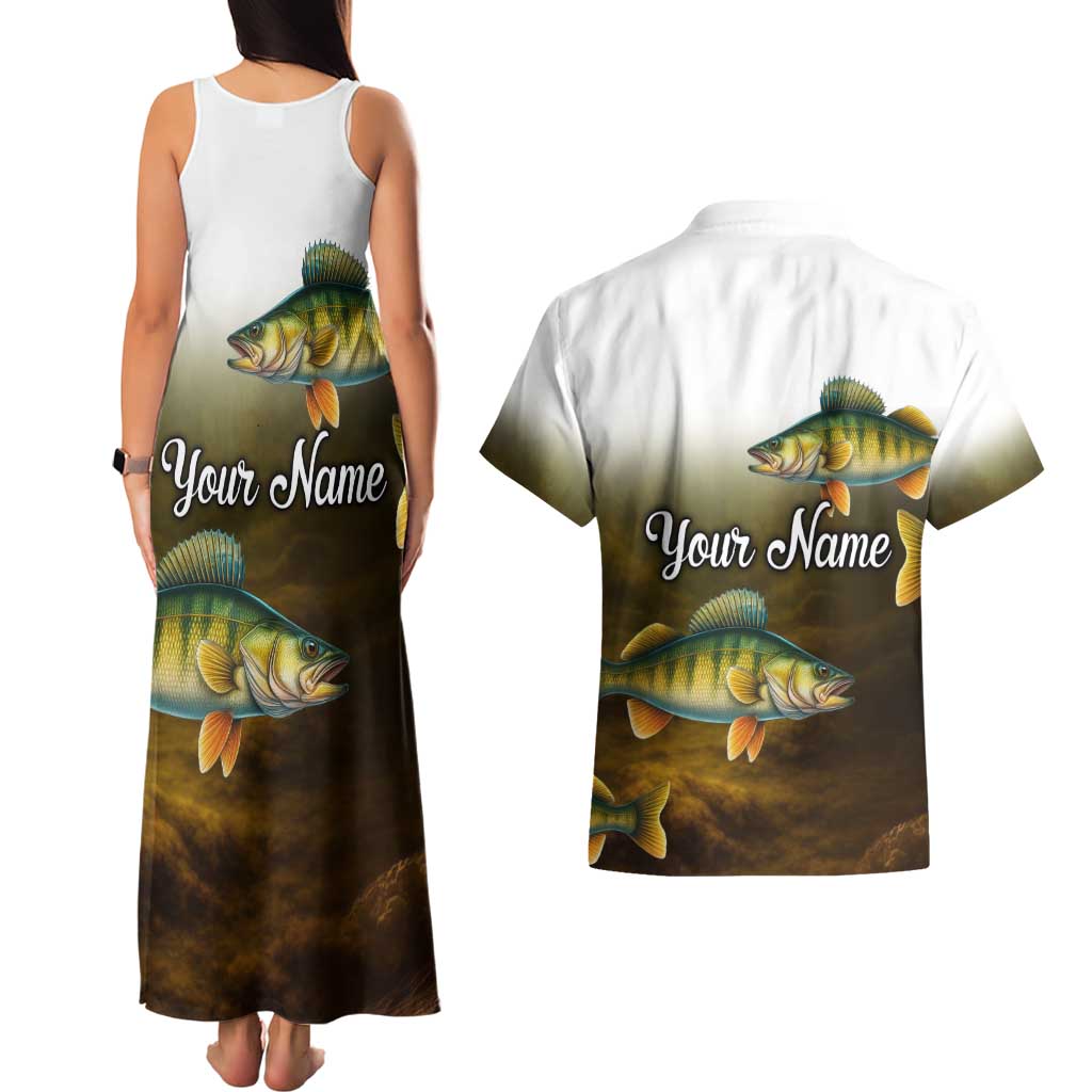 Walleye Fishing Yellow Scales Customize Name Couples Matching Tank Maxi Dress and Hawaiian Shirt Dark Gradient Water Background - Wonder Print Shop