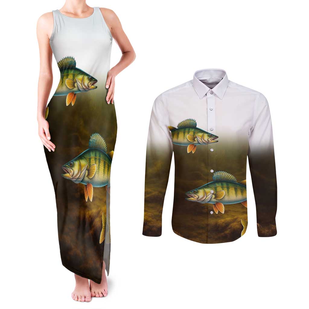 Walleye Fishing Yellow Scales Customize Name Couples Matching Tank Maxi Dress and Long Sleeve Button Shirt Dark Gradient Water Background - Wonder Print Shop
