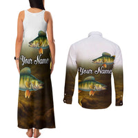 Walleye Fishing Yellow Scales Customize Name Couples Matching Tank Maxi Dress and Long Sleeve Button Shirt Dark Gradient Water Background - Wonder Print Shop
