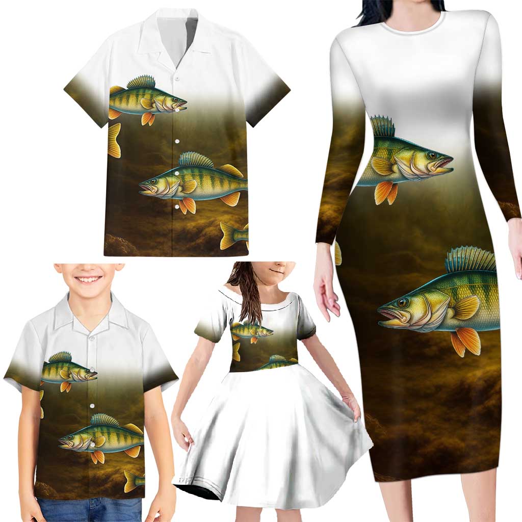 Walleye Fishing Yellow Scales Customize Name Family Matching Long Sleeve Bodycon Dress and Hawaiian Shirt Dark Gradient Water Background - Wonder Print Shop