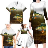 Walleye Fishing Yellow Scales Customize Name Family Matching Long Sleeve Bodycon Dress and Hawaiian Shirt Dark Gradient Water Background - Wonder Print Shop