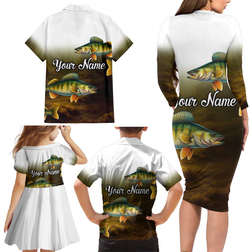 Walleye Fishing Yellow Scales Customize Name Family Matching Long Sleeve Bodycon Dress and Hawaiian Shirt Dark Gradient Water Background - Wonder Print Shop