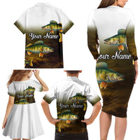 Walleye Fishing Yellow Scales Customize Name Family Matching Long Sleeve Bodycon Dress and Hawaiian Shirt Dark Gradient Water Background - Wonder Print Shop