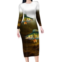 Walleye Fishing Yellow Scales Customize Name Family Matching Long Sleeve Bodycon Dress and Hawaiian Shirt Dark Gradient Water Background - Wonder Print Shop