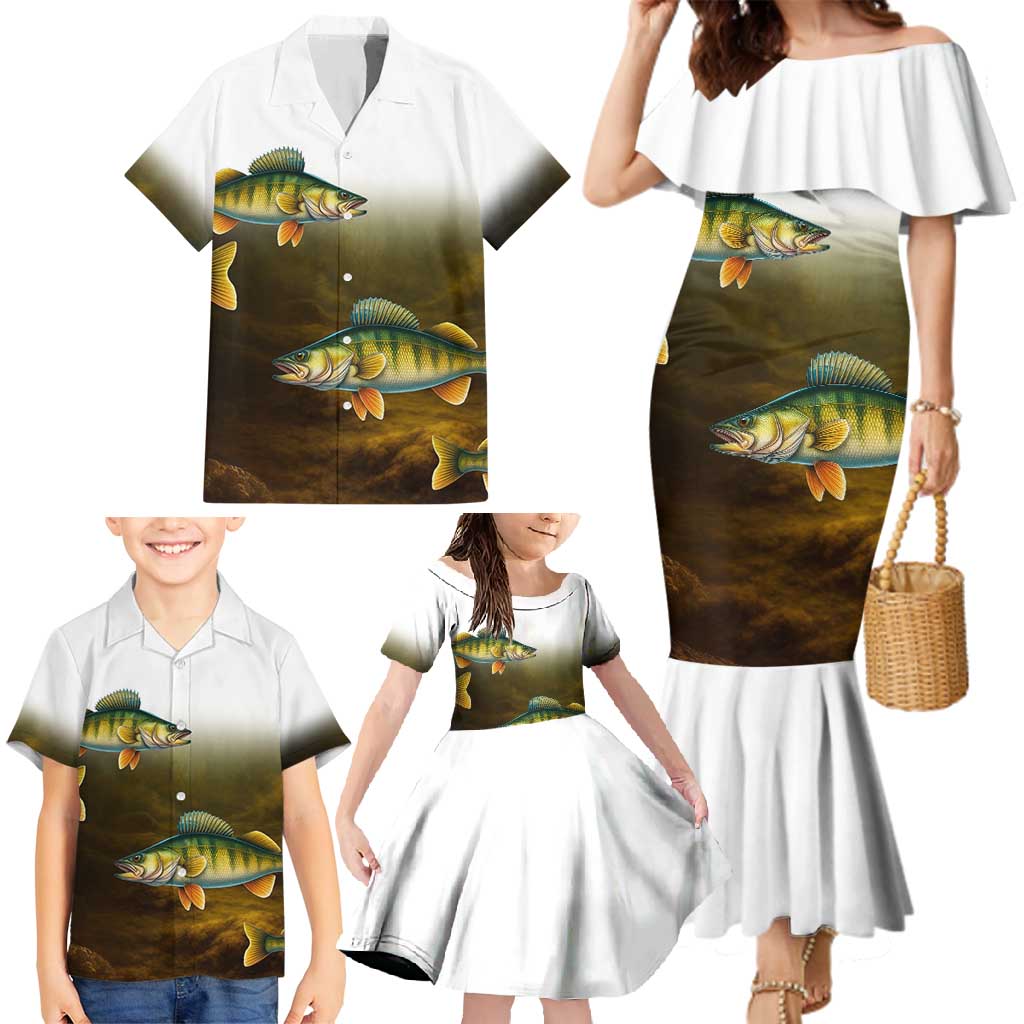 Walleye Fishing Yellow Scales Customize Name Family Matching Mermaid Dress and Hawaiian Shirt Dark Gradient Water Background - Wonder Print Shop