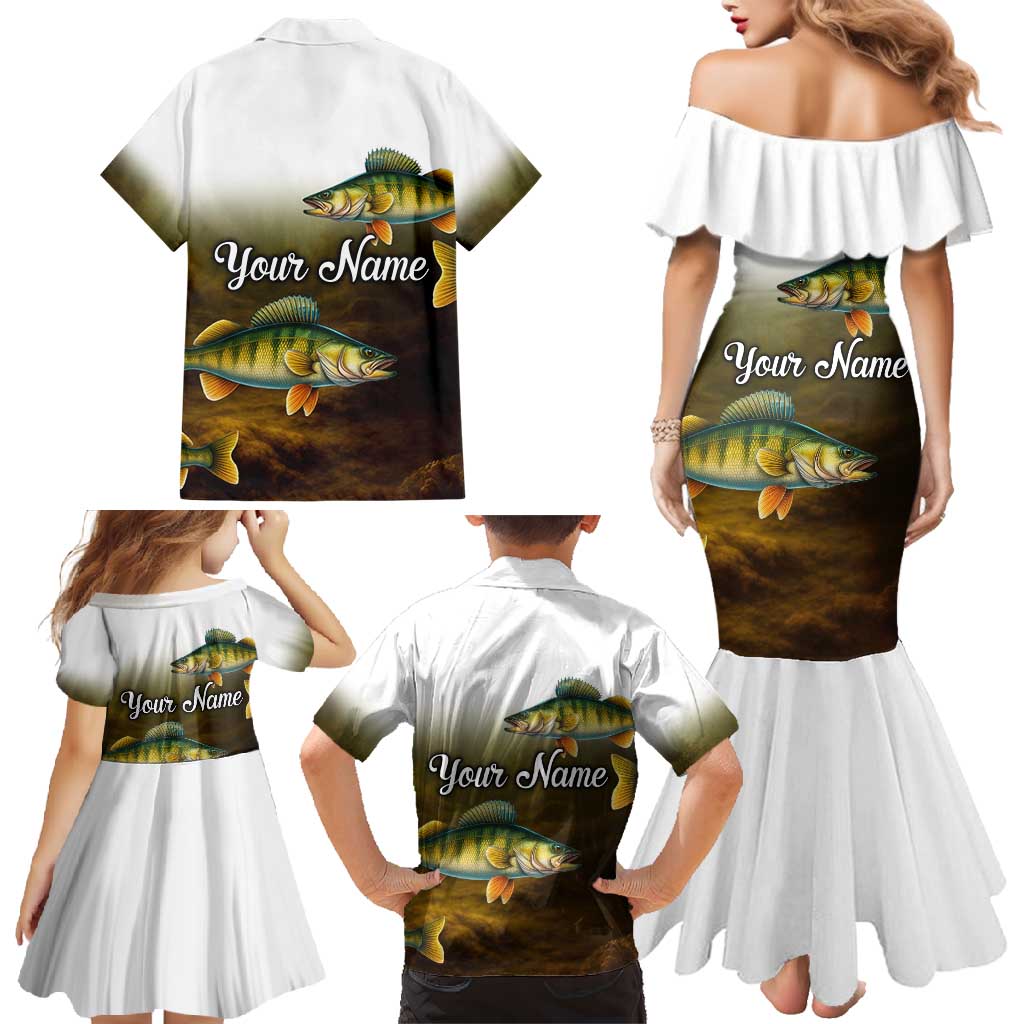 Walleye Fishing Yellow Scales Customize Name Family Matching Mermaid Dress and Hawaiian Shirt Dark Gradient Water Background - Wonder Print Shop
