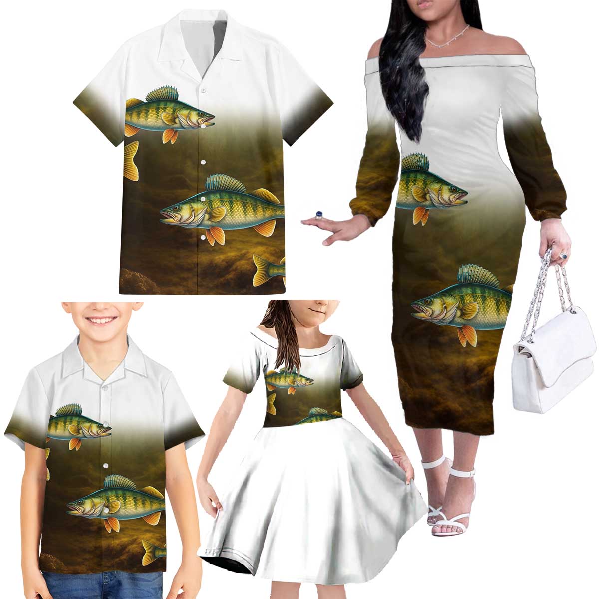 Walleye Fishing Yellow Scales Customize Name Family Matching Off The Shoulder Long Sleeve Dress and Hawaiian Shirt Dark Gradient Water Background - Wonder Print Shop