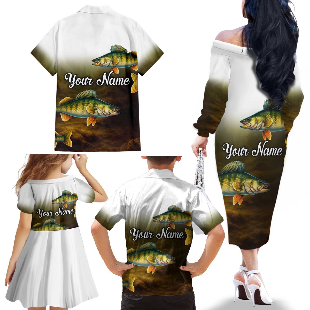 Walleye Fishing Yellow Scales Customize Name Family Matching Off The Shoulder Long Sleeve Dress and Hawaiian Shirt Dark Gradient Water Background - Wonder Print Shop