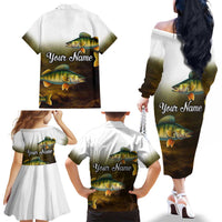 Walleye Fishing Yellow Scales Customize Name Family Matching Off The Shoulder Long Sleeve Dress and Hawaiian Shirt Dark Gradient Water Background - Wonder Print Shop
