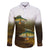 Walleye Fishing Yellow Scales Customize Name Family Matching Off The Shoulder Long Sleeve Dress and Hawaiian Shirt Dark Gradient Water Background - Wonder Print Shop