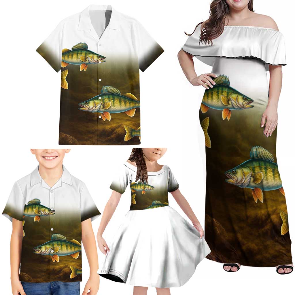 Walleye Fishing Yellow Scales Customize Name Family Matching Off Shoulder Maxi Dress and Hawaiian Shirt Dark Gradient Water Background - Wonder Print Shop