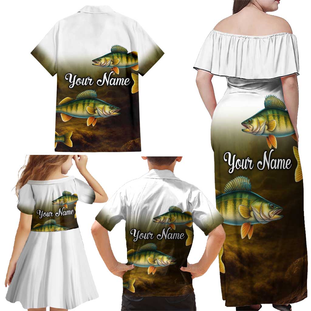 Walleye Fishing Yellow Scales Customize Name Family Matching Off Shoulder Maxi Dress and Hawaiian Shirt Dark Gradient Water Background - Wonder Print Shop