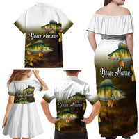 Walleye Fishing Yellow Scales Customize Name Family Matching Off Shoulder Maxi Dress and Hawaiian Shirt Dark Gradient Water Background - Wonder Print Shop