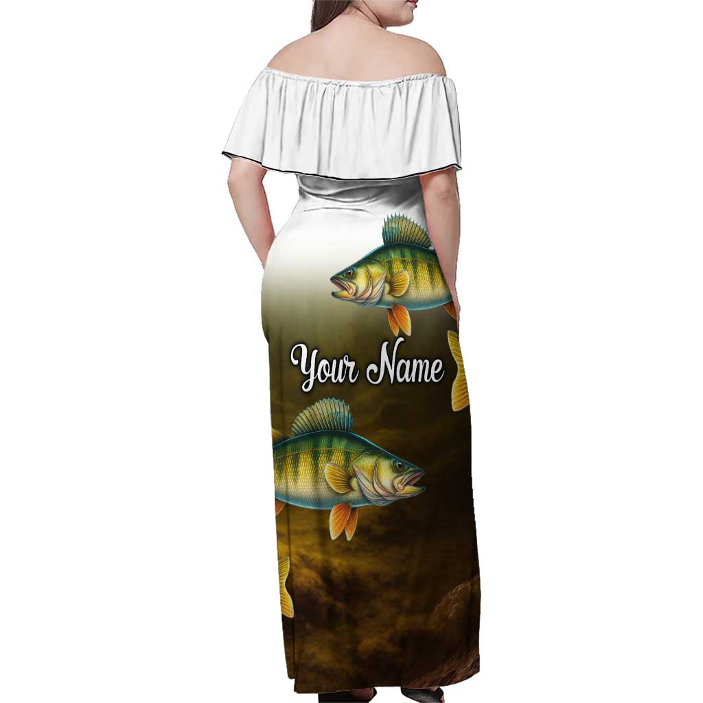 Walleye Fishing Yellow Scales Customize Name Family Matching Off Shoulder Maxi Dress and Hawaiian Shirt Dark Gradient Water Background - Wonder Print Shop