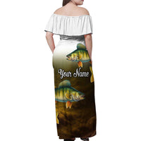 Walleye Fishing Yellow Scales Customize Name Family Matching Off Shoulder Maxi Dress and Hawaiian Shirt Dark Gradient Water Background - Wonder Print Shop