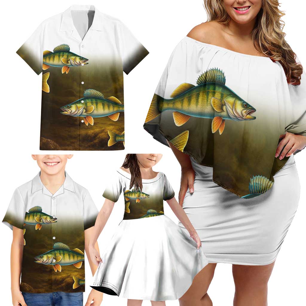 Walleye Fishing Yellow Scales Customize Name Family Matching Off Shoulder Short Dress and Hawaiian Shirt Dark Gradient Water Background - Wonder Print Shop