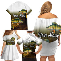 Walleye Fishing Yellow Scales Customize Name Family Matching Off Shoulder Short Dress and Hawaiian Shirt Dark Gradient Water Background - Wonder Print Shop