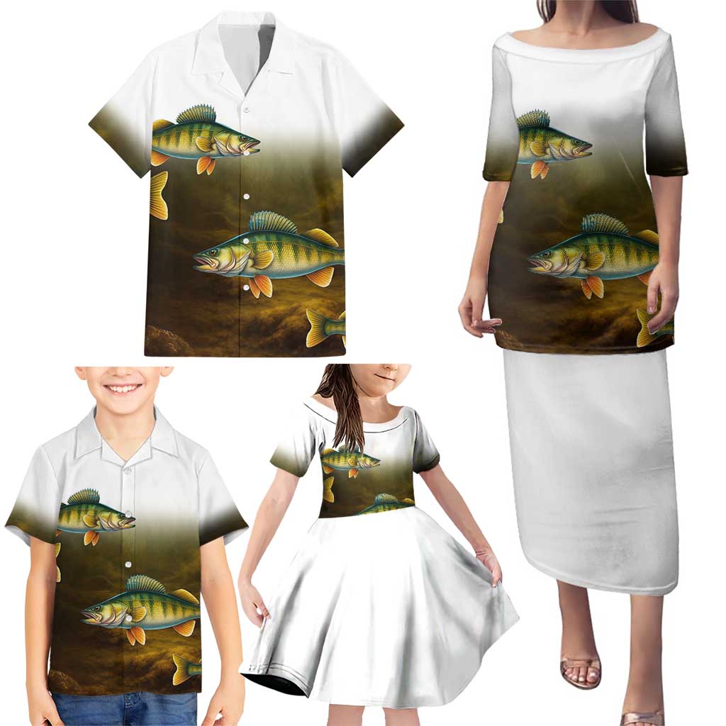 Walleye Fishing Yellow Scales Customize Name Family Matching Puletasi and Hawaiian Shirt Dark Gradient Water Background - Wonder Print Shop