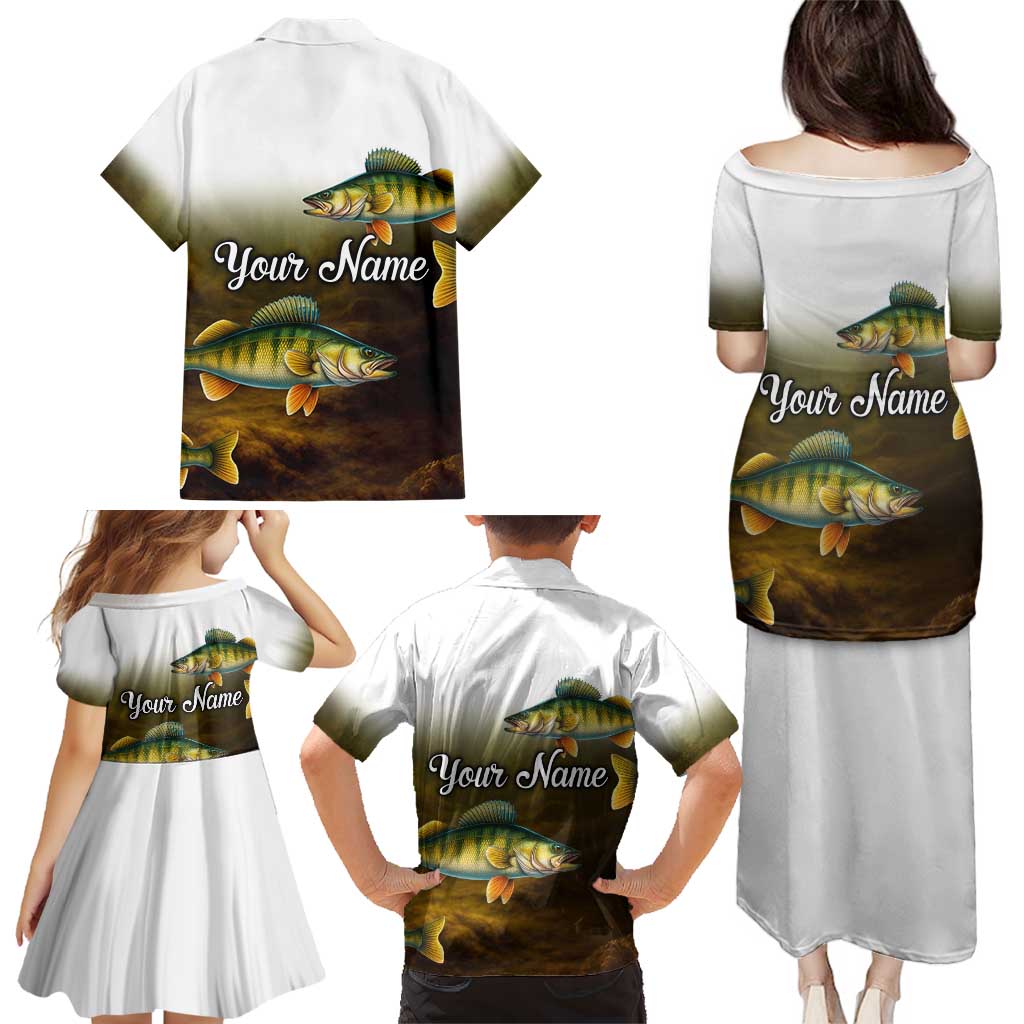 Walleye Fishing Yellow Scales Customize Name Family Matching Puletasi and Hawaiian Shirt Dark Gradient Water Background - Wonder Print Shop