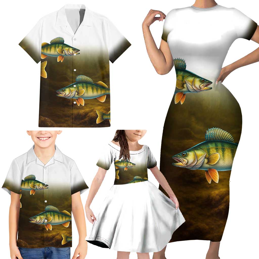 Walleye Fishing Yellow Scales Customize Name Family Matching Short Sleeve Bodycon Dress and Hawaiian Shirt Dark Gradient Water Background - Wonder Print Shop