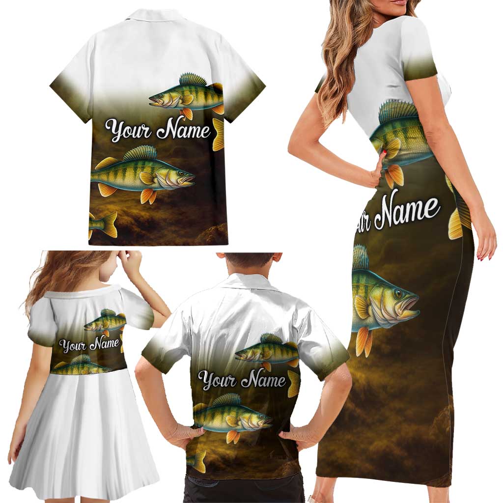 Walleye Fishing Yellow Scales Customize Name Family Matching Short Sleeve Bodycon Dress and Hawaiian Shirt Dark Gradient Water Background - Wonder Print Shop