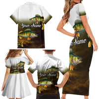 Walleye Fishing Yellow Scales Customize Name Family Matching Short Sleeve Bodycon Dress and Hawaiian Shirt Dark Gradient Water Background - Wonder Print Shop