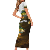 Walleye Fishing Yellow Scales Customize Name Family Matching Short Sleeve Bodycon Dress and Hawaiian Shirt Dark Gradient Water Background - Wonder Print Shop