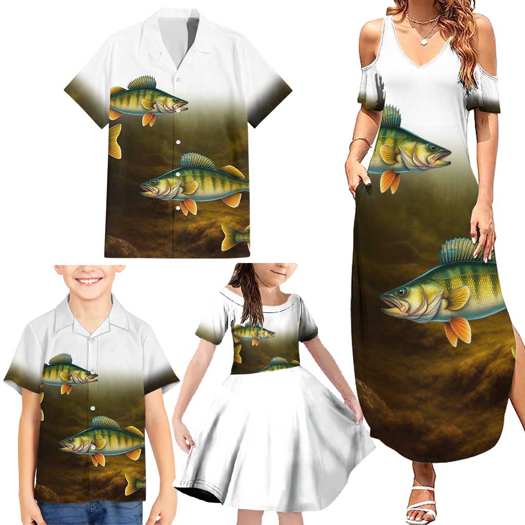 Walleye Fishing Yellow Scales Customize Name Family Matching Summer Maxi Dress and Hawaiian Shirt Dark Gradient Water Background - Wonder Print Shop