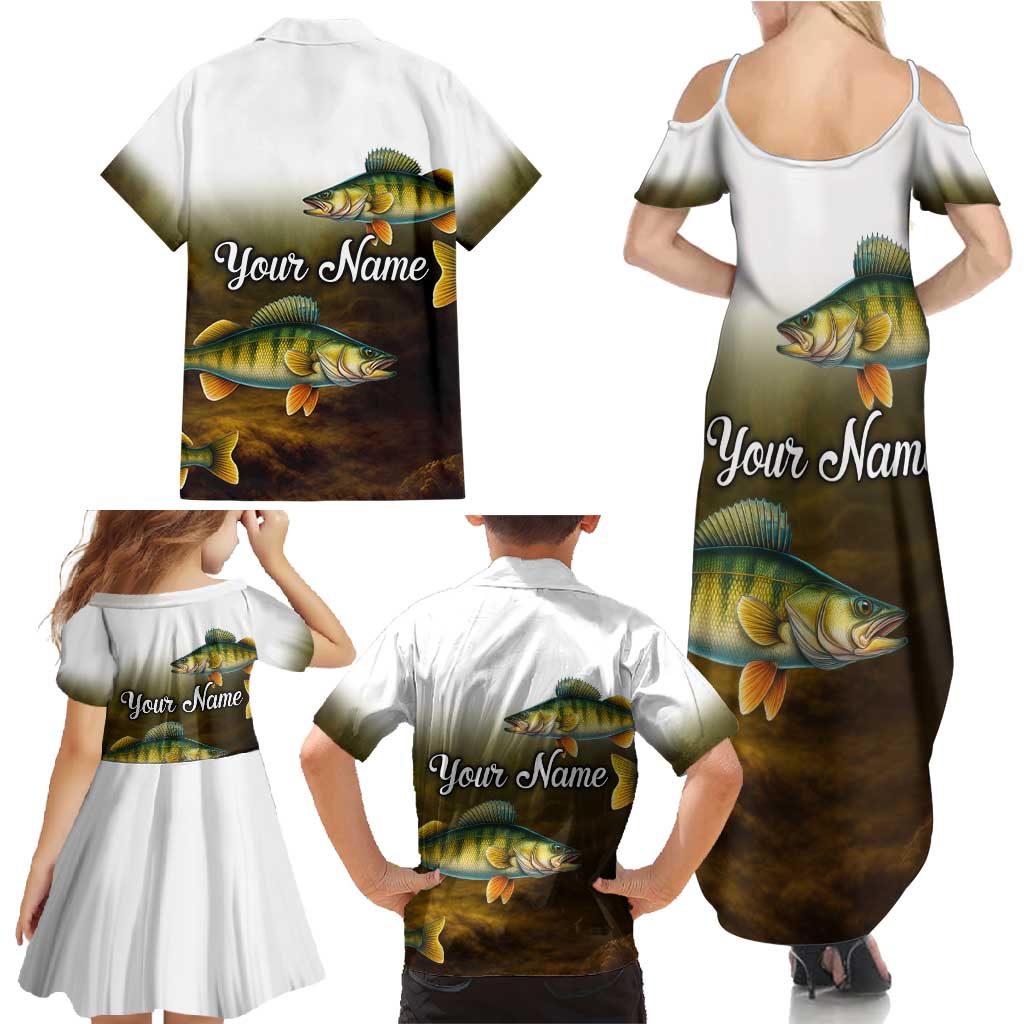 Walleye Fishing Yellow Scales Customize Name Family Matching Summer Maxi Dress and Hawaiian Shirt Dark Gradient Water Background - Wonder Print Shop