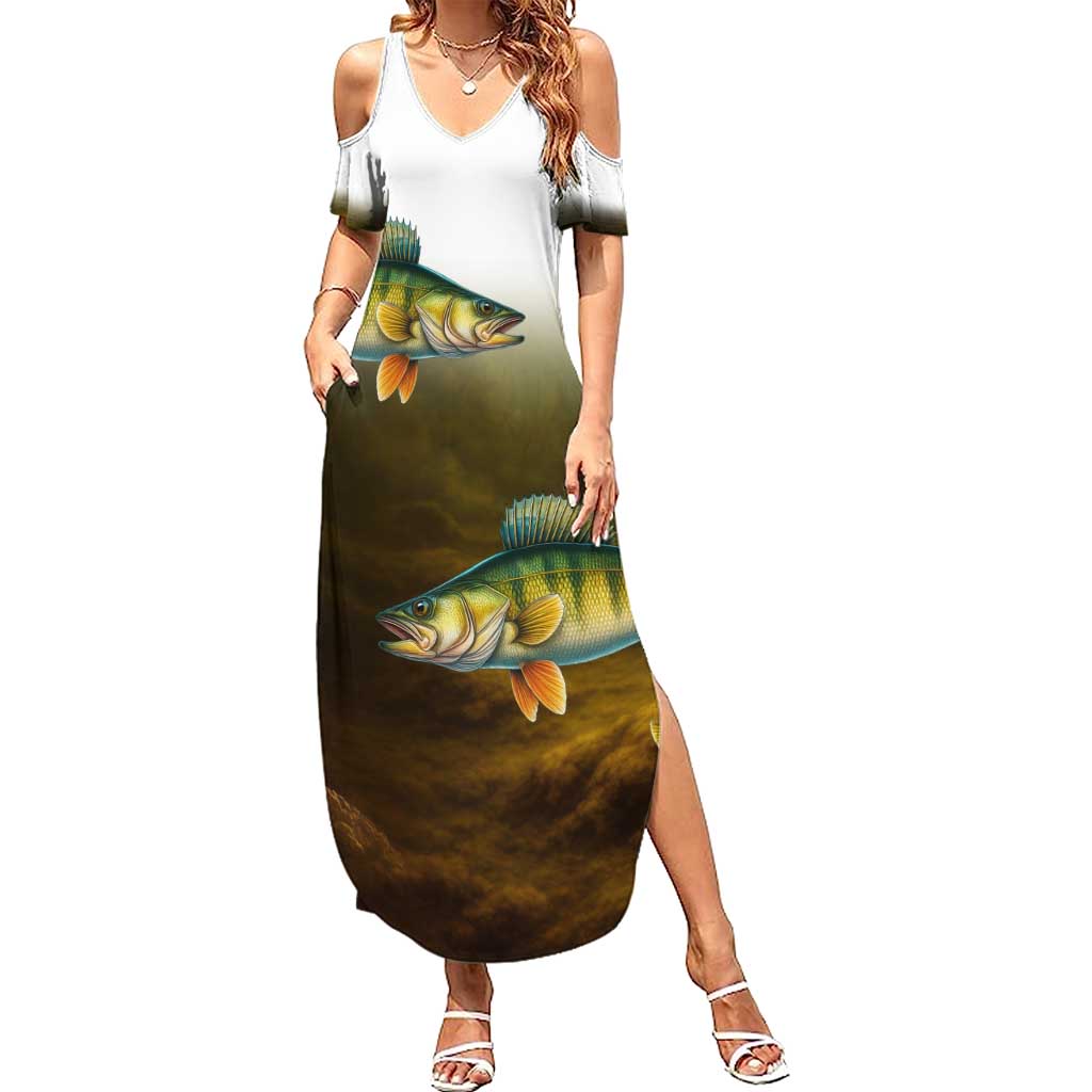 Walleye Fishing Yellow Scales Customize Name Family Matching Summer Maxi Dress and Hawaiian Shirt Dark Gradient Water Background - Wonder Print Shop