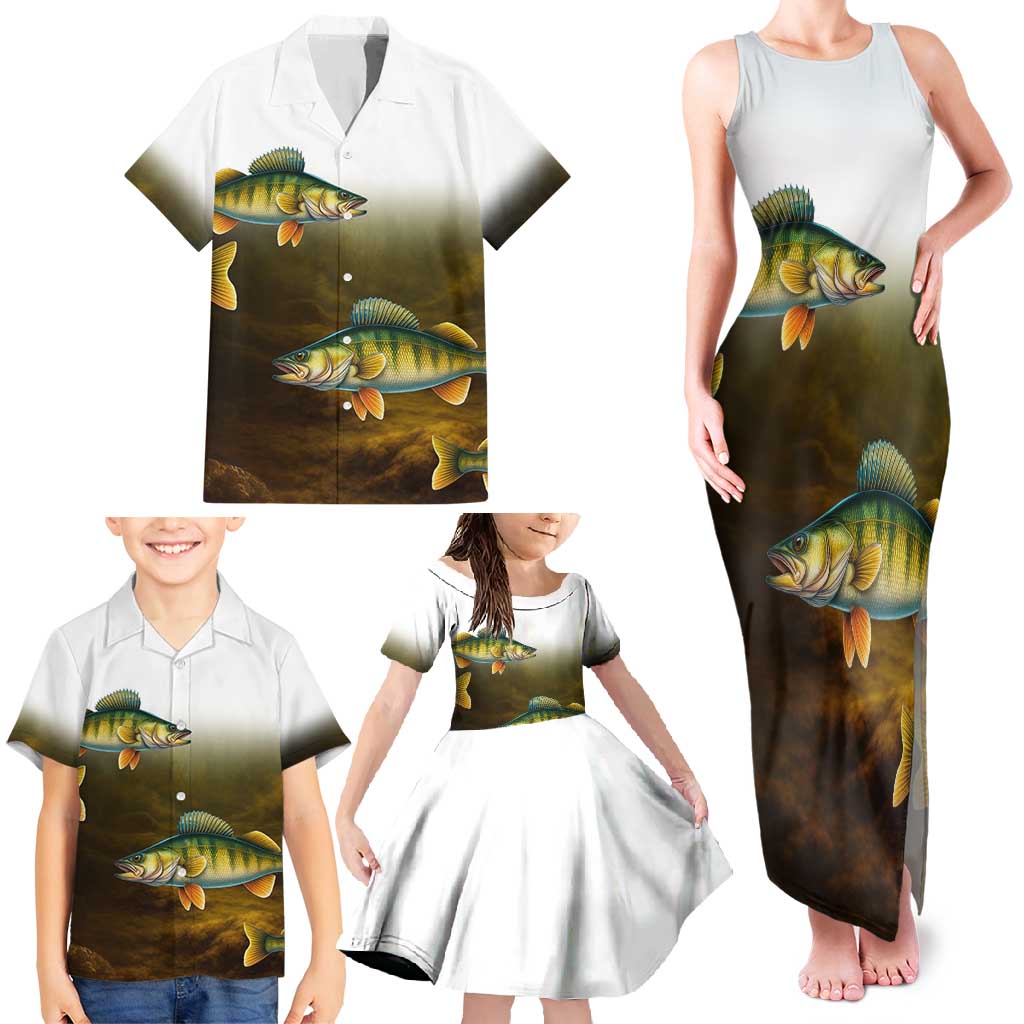 Walleye Fishing Yellow Scales Customize Name Family Matching Tank Maxi Dress and Hawaiian Shirt Dark Gradient Water Background - Wonder Print Shop