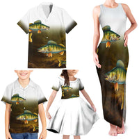 Walleye Fishing Yellow Scales Customize Name Family Matching Tank Maxi Dress and Hawaiian Shirt Dark Gradient Water Background - Wonder Print Shop