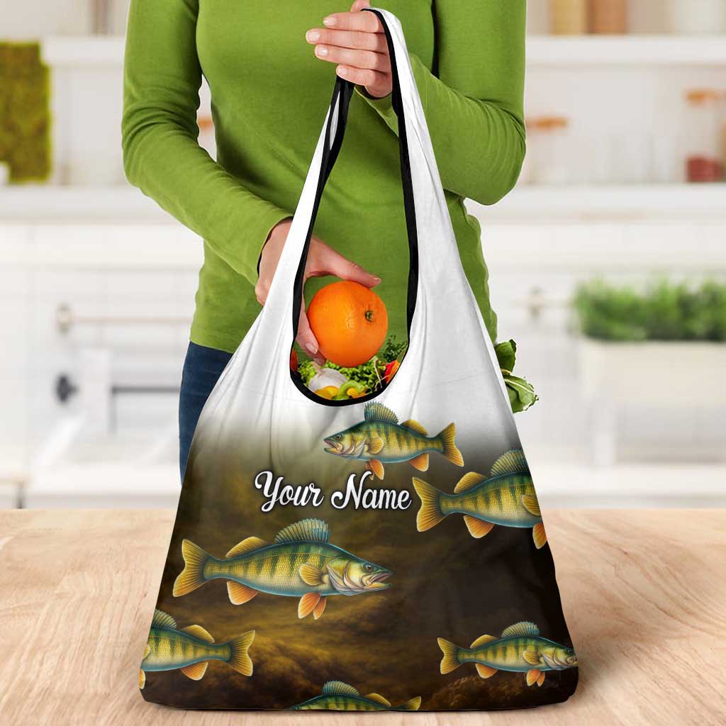 Walleye Fishing Yellow Scales Customize Name Grocery Bag Dark Gradient Water Background - Wonder Print Shop
