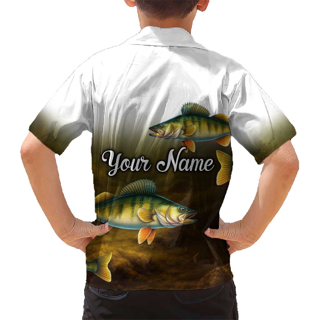 Walleye Fishing Yellow Scales Customize Name Kid Hawaiian Shirt Dark Gradient Water Background - Wonder Print Shop