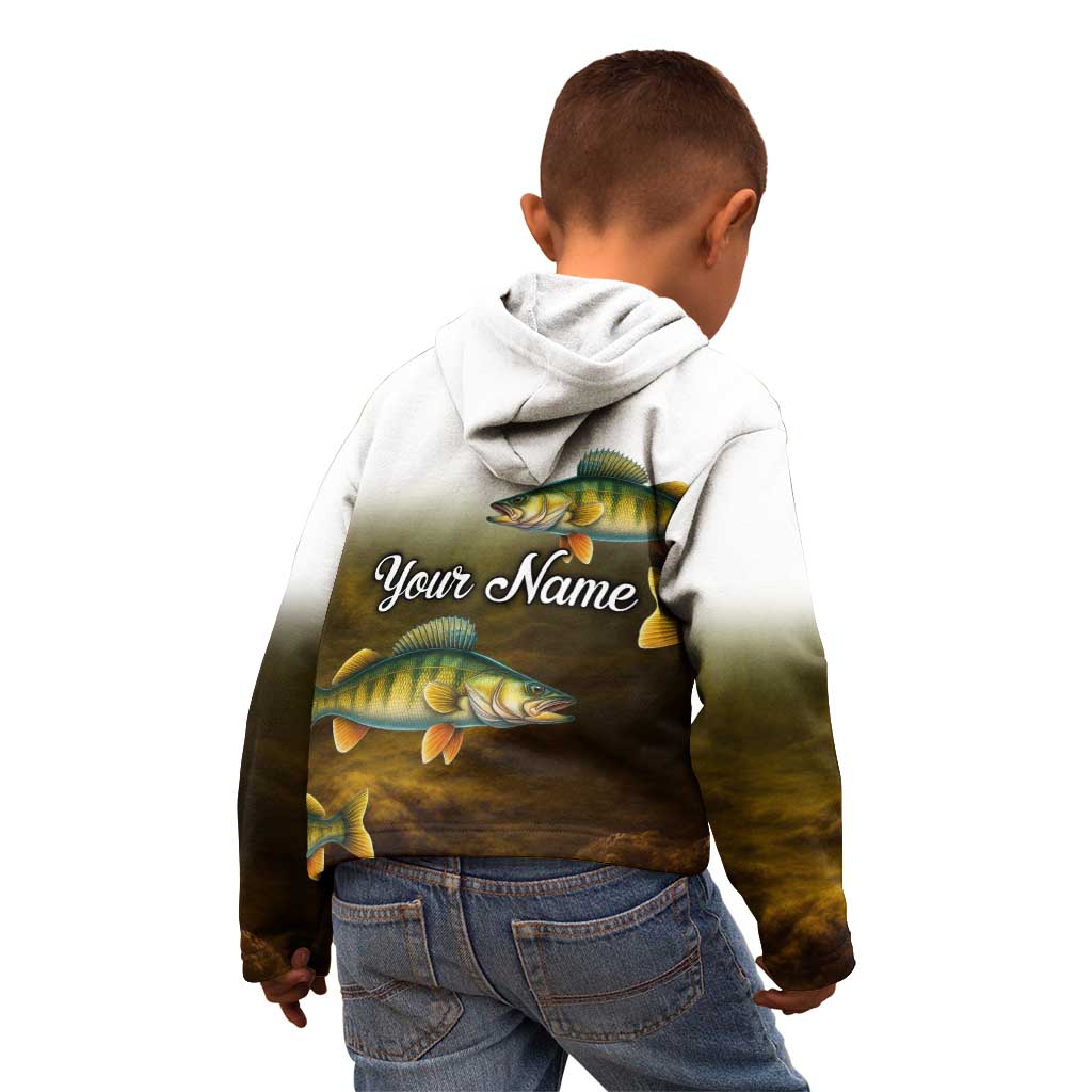 Walleye Fishing Yellow Scales Customize Name Kid Hoodie Dark Gradient Water Background - Wonder Print Shop